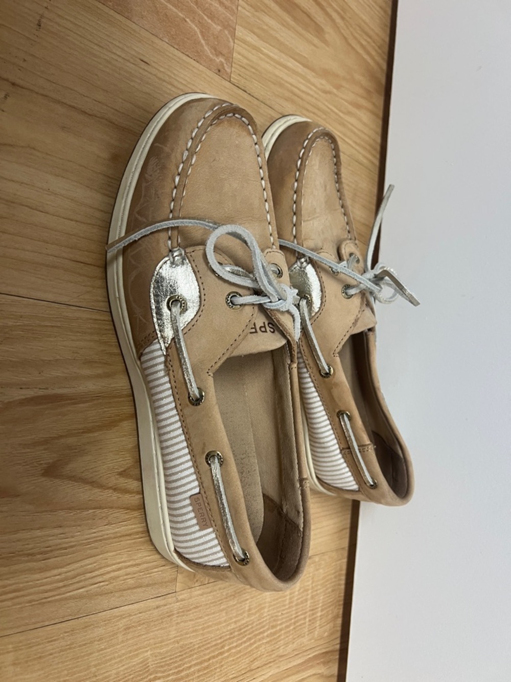 Sperry Tan Suede & White-Striped Lace Boat Shoes